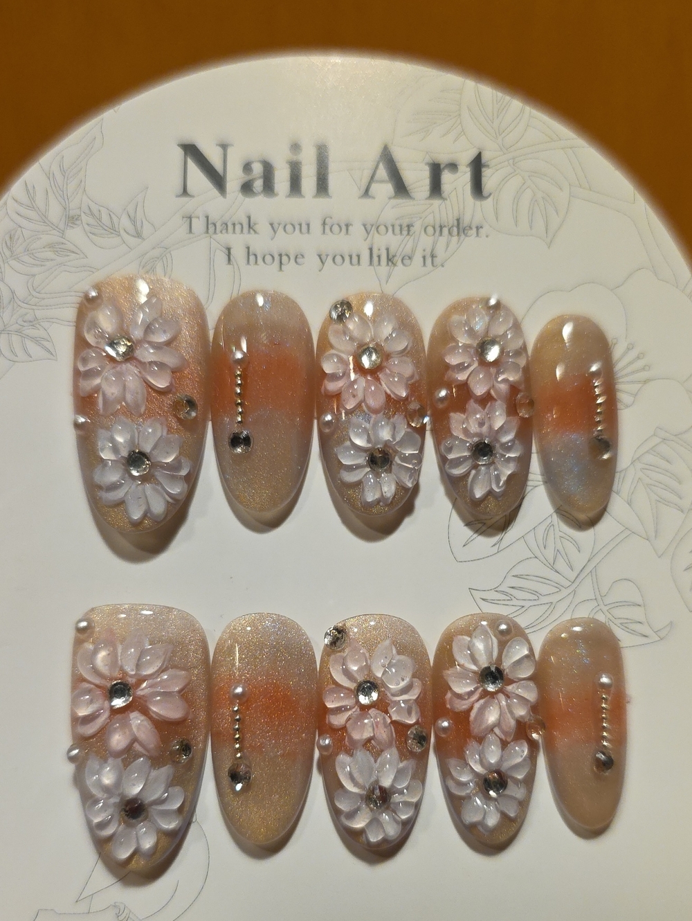 Press-On Set — Blush Peach Floral Design Size Large